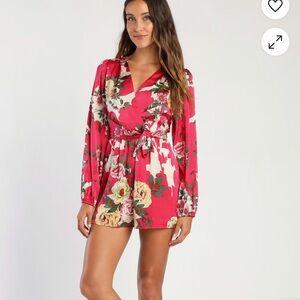 Lovable Blossom Hot Pink Floral Satin Surplice Romper by Lulus